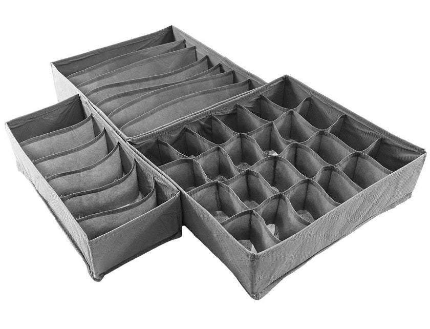 Set 3 organizatoare pentru sertar sau dulap, pliabile, cu fermoar, dimensiuni diferite, Gri