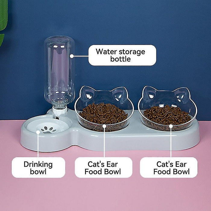 Bol dublu pentru hrana si dozator apa pentru pisici, Rezervor 0,5 L, Inclinare 15 grade, Gri