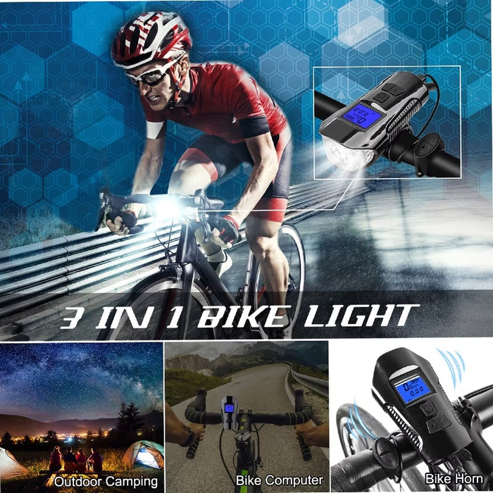 Set lumini bicicleta, Far Cree LED si stop LED, cu Ciclocomputer LCD si Claxon