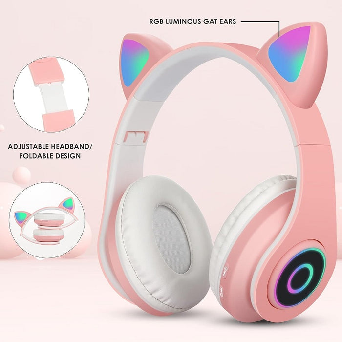 Casti wireless pentru copii si adulti, Urechi de pisica, Lumini LED RGB