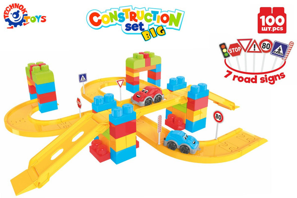 Set 100 de cuburi de constructie, pista de masinute, TechnoK