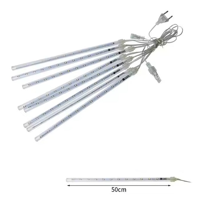 Karácsonyi fény telepítése 8 meteorral, 4 m hosszú telepítés, 50 cm hosszú meteor, forró fehér/hideg fény, kék vagy többszínű