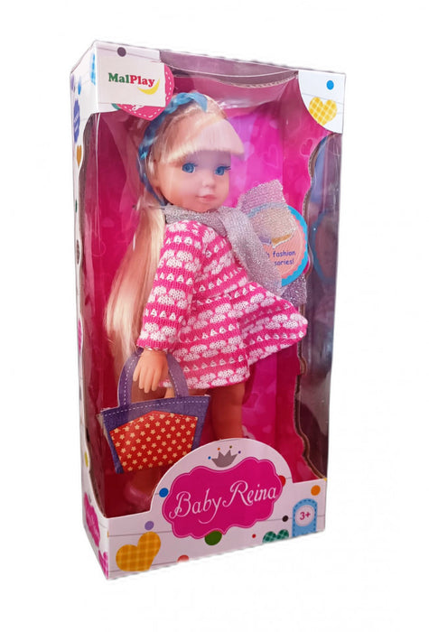 Papusa Baby Reina cu rochita roz cu alb, MalPlay, 24 cm