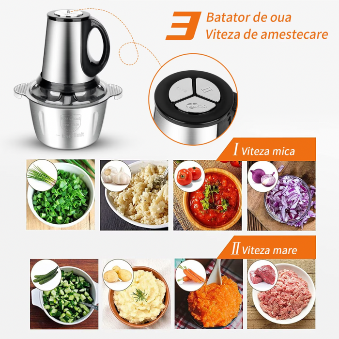 Tocator Electric Carne și Legume - 4 Lame Inox, 2 Viteze, Capacitate Mare, Bol Inox