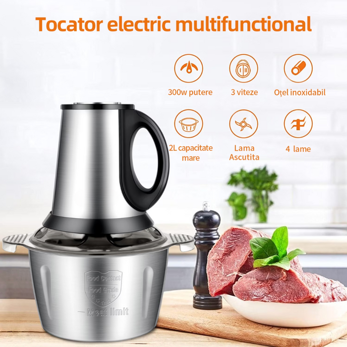 Tocator Electric Carne și Legume - 4 Lame Inox, 2 Viteze, Capacitate Mare, Bol Inox