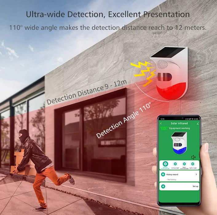 Alarma cu detector de miscare PIR, incarcare solara sau USB, IP65, cu telecomanda, control din aplicatie, alb-rosu