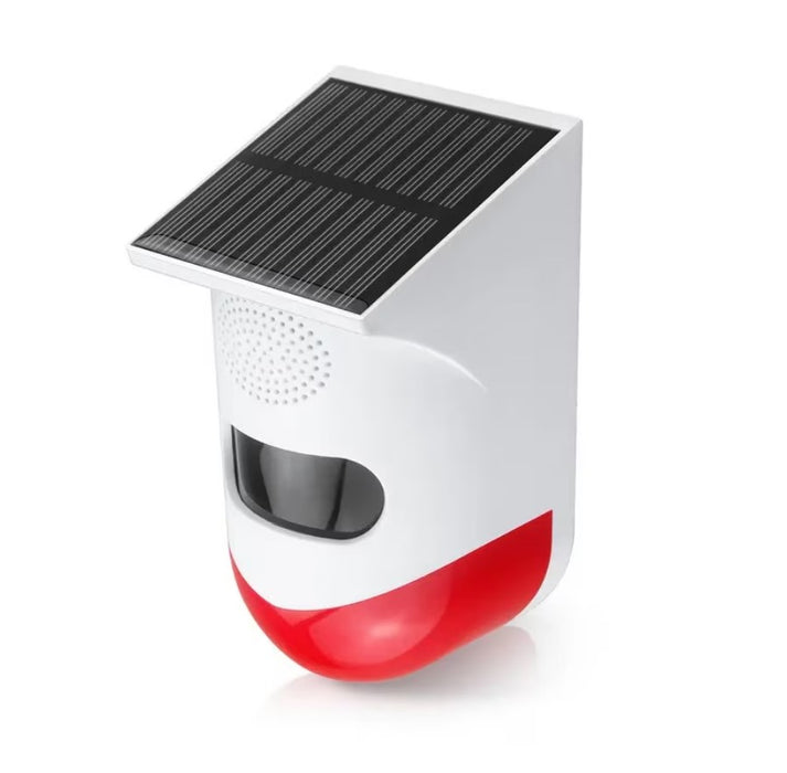 Alarma cu detector de miscare PIR, incarcare solara sau USB, IP65, cu telecomanda, control din aplicatie, alb-rosu