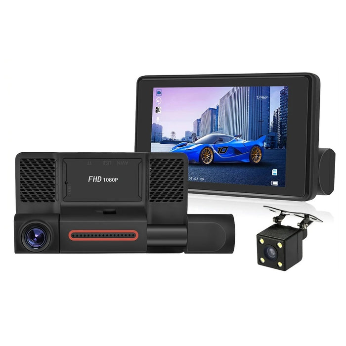 Camera Tripla Auto DVR, Display 4", Full HD 1080p, Unghi de 170°, Negru