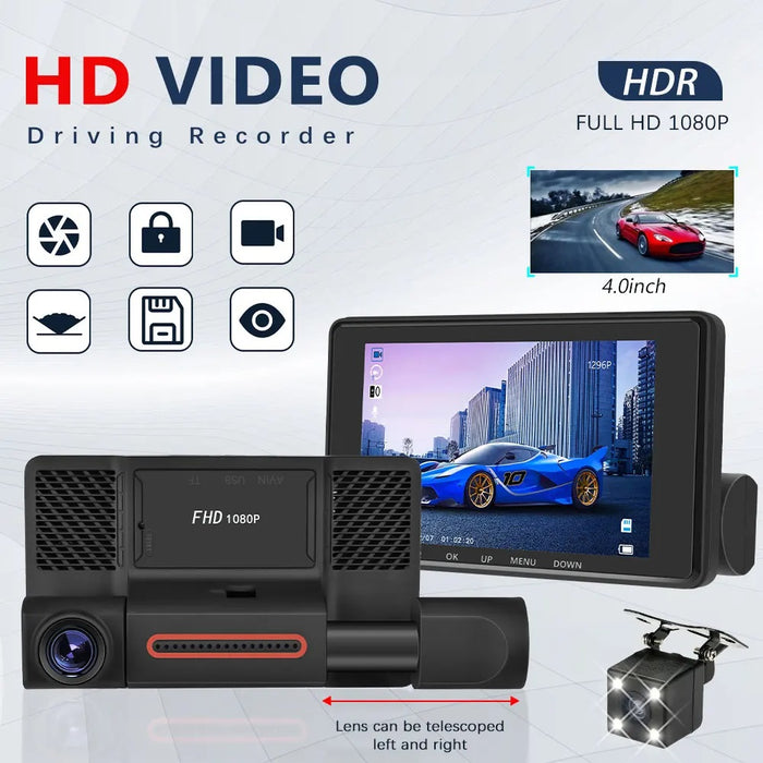 A Tripla Auto DVR kamera, 4 ", teljes HD 1080p, 170 ° szög, fekete