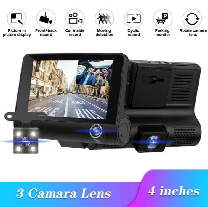 Camera auto cu ecran de 4 inchi, HD 1080px, cu 2 camere frontale si 1 camera marsarier, senzor de miscare si impact, port USB, micofon,  negru