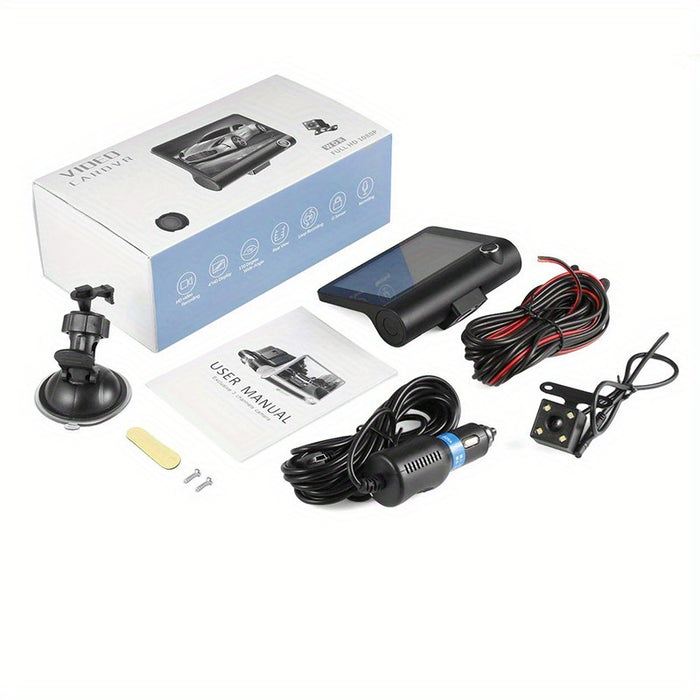 Camera auto cu ecran de 4 inchi, HD 1080px, cu 2 camere frontale si 1 camera marsarier, senzor de miscare si impact, port USB, micofon,  negru