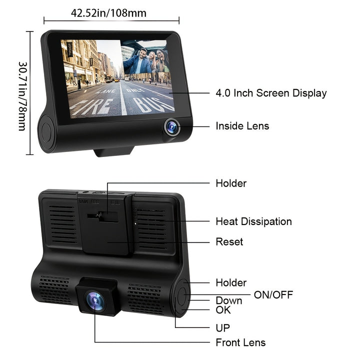 Camera auto cu ecran de 4 inchi, HD 1080px, cu 2 camere frontale si 1 camera marsarier, senzor de miscare si impact, port USB, micofon,  negru