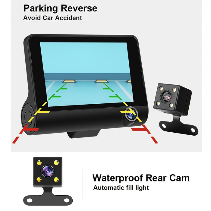 Camera auto cu ecran de 4 inchi, HD 1080px, cu 2 camere frontale si 1 camera marsarier, senzor de miscare si impact, port USB, micofon,  negru