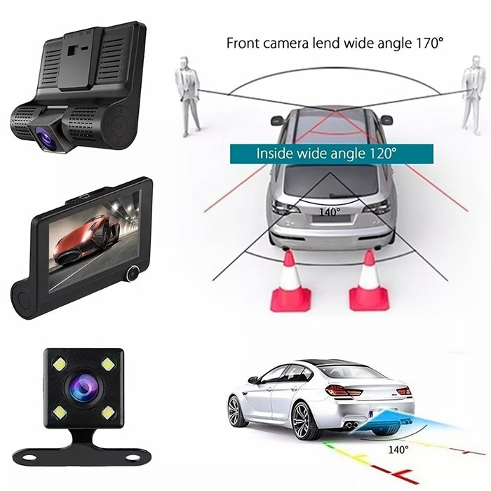 Camera auto cu ecran de 4 inchi, HD 1080px, cu 2 camere frontale si 1 camera marsarier, senzor de miscare si impact, port USB, micofon,  negru