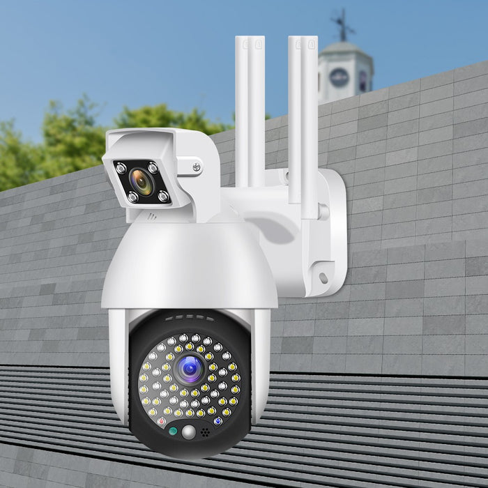 Camera de supraveghere IP PTZ duala, wireless, 320°, 1080P, IR+LED, pentru exterior, senzor miscare, alarma, alb