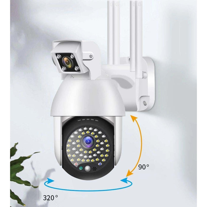 Camera de supraveghere IP PTZ duala, wireless, 320°, 1080P, IR+LED, pentru exterior, senzor miscare, alarma, alb