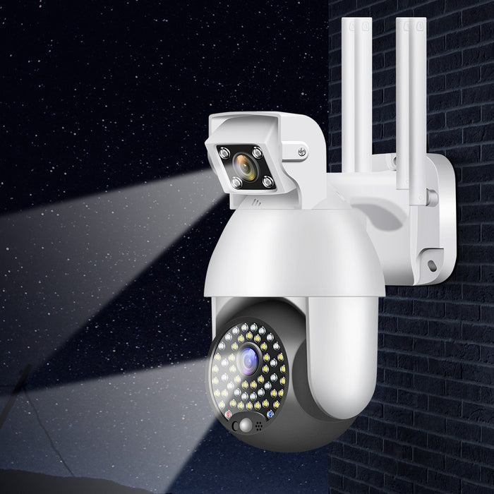 Camera de supraveghere IP PTZ duala, wireless, 320°, 1080P, IR+LED, pentru exterior, senzor miscare, alarma, alb