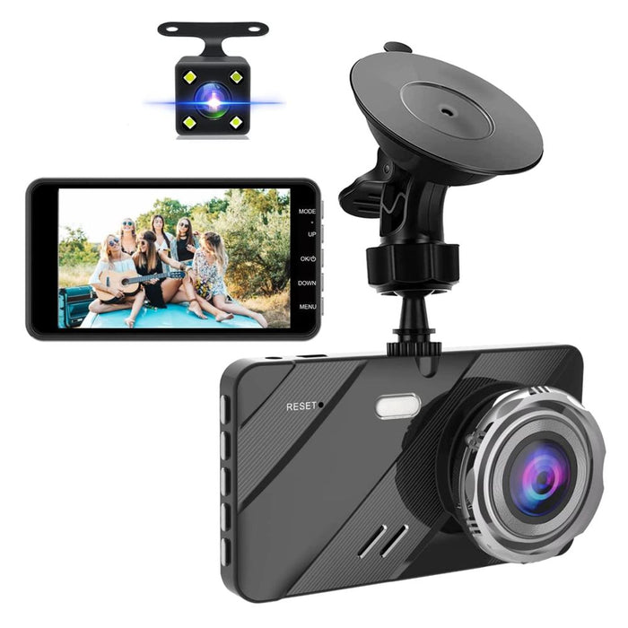 DVR автомобил Dual Camera, IPS 4 "екран, с предно-задна камера, пълен HD, нощен ден, G сензор, ъгъл 170 °, черен