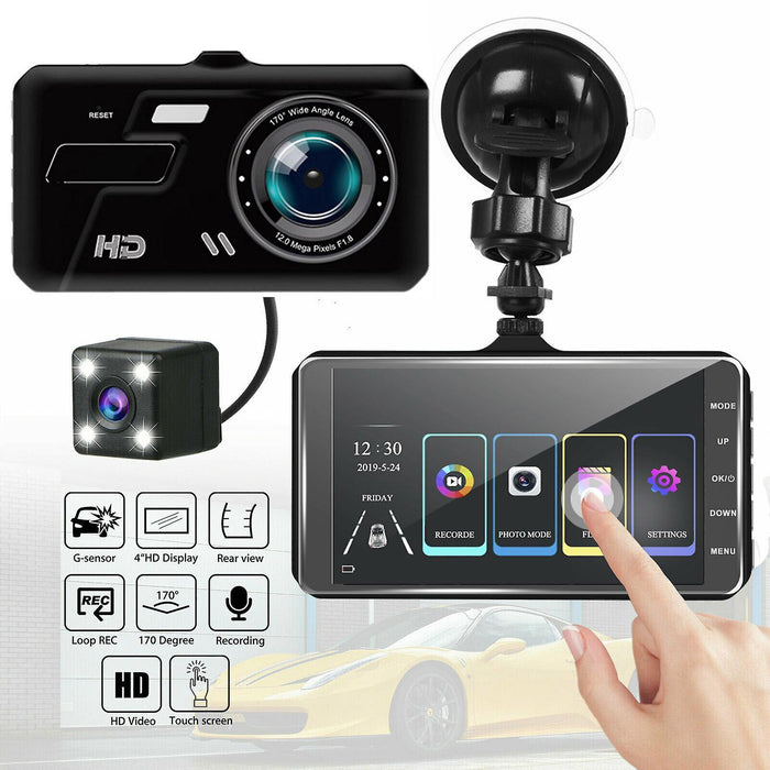 Camera auto DVR duala, SuperHD 1920P, 170°, cu display de 4'' plus camera marsarier, Negru