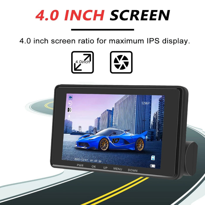 Camera tripla auto DVR, Full HD 1080p, display 4 inchi, unghi de 170°