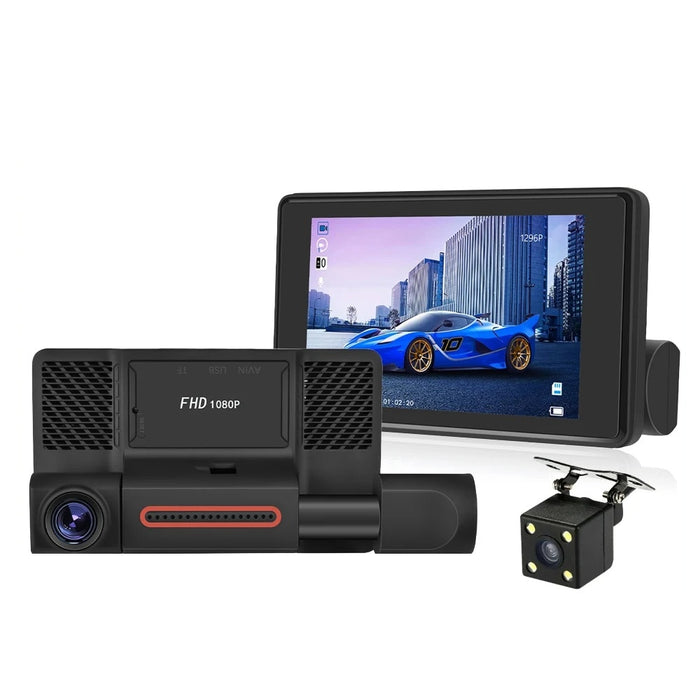 Camera tripla auto DVR, Full HD 1080p, display 4 inchi, unghi de 170°