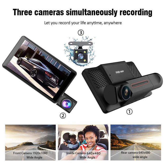 Camera tripla auto DVR, Full HD 1080p, display 4 inchi, unghi de 170°