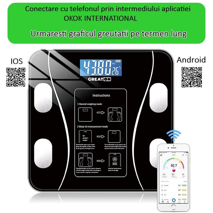 Cantar corporal inteligent, cu diagnostic si termometru, USB, Bluetooth, App pentru fitness, din sticla securizata, LCD, negru