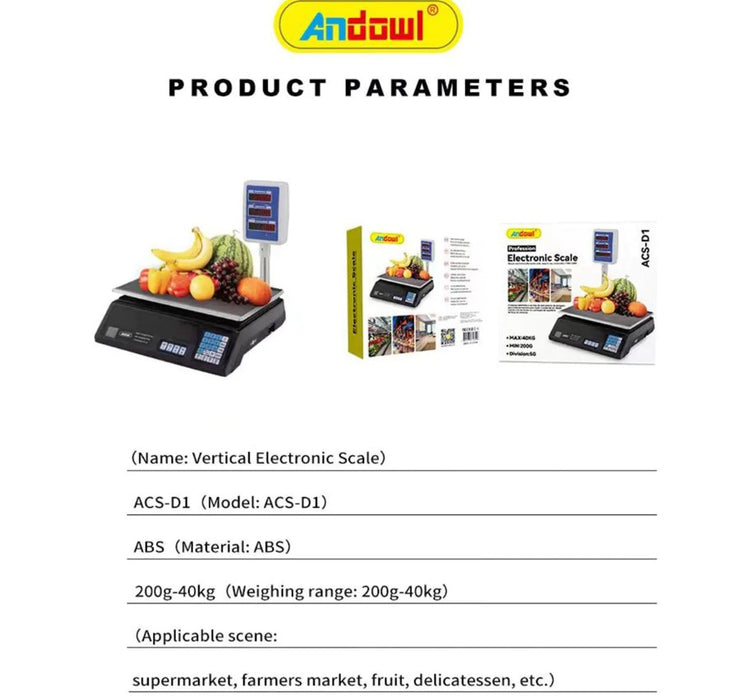 Електронни търговски скали ACS-D1, Max. 40 кг, за магазини, цифров, LCD дисплей, Black-Silver