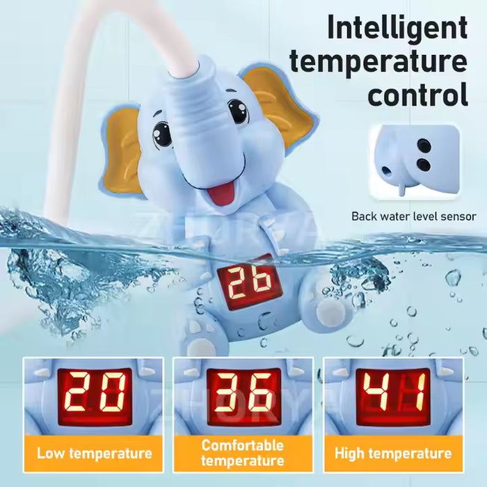 Cap de dus copii, in forma de elefant, cu control temperatura, plastic, albastru/galben/roz