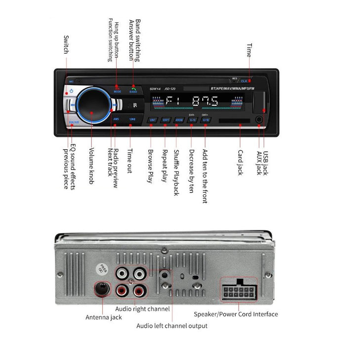 Autó kazetta, 4x60W Bluetooth, telefon, rádió, MP3, Aux, MicroSD kártyahely, távoli, fekete