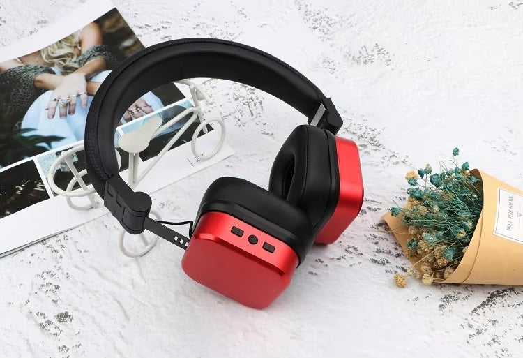 Casti wireless over the ear, HiFi Stereo, efect metalic, pliabile, rosu-negru