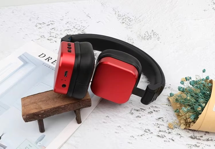 Casti wireless over the ear, HiFi Stereo, efect metalic, pliabile, rosu-negru