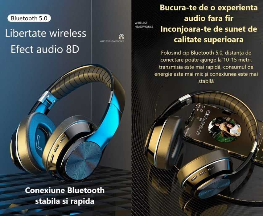 Casti wireless over the ear, pliabile, bluetooth, microfon, autonomie 11h, radio, HiFi, noise canceling, negru