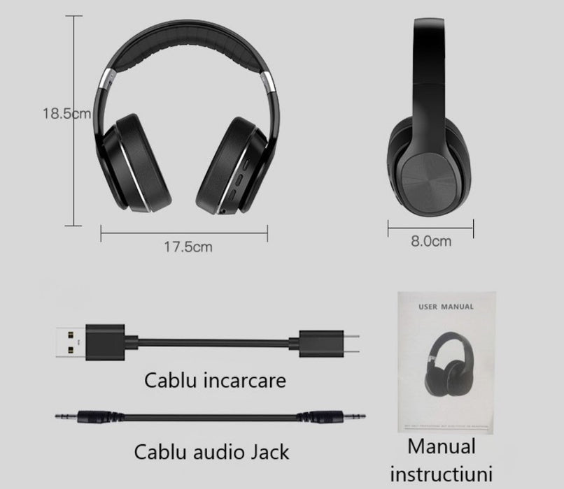 Vezeték nélküli fejek a fül felett, összecsukható, bluetooth, mikrofon, 11h autonómia, rádió, Hifi, zajszűrés, fekete