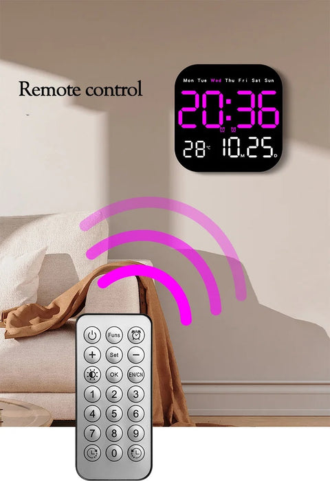 Digitális fal vagy asztali óra, távirányítóval és instabil LED -mel, 6 funkciót jelenítsen meg