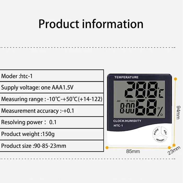 Óra, hőmérő és hygométer HTC 1, 3 -ban 1 -ben, hőmérséklet, időjárási állomás, páratartalom, óra, riasztás, 94x85x23 mm, fehér