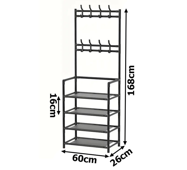 Стубриране с 5 рафта и 8 куки за дрехи, шапки, чанти, метал, 168x60x26см, черно