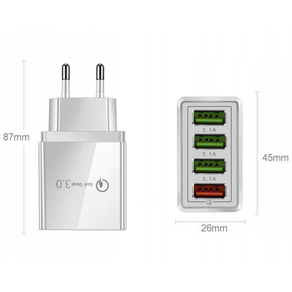 Incarcator cu 4 porturi USB 3.0, Incarcare ultra-rapida 3A, 12V, alb