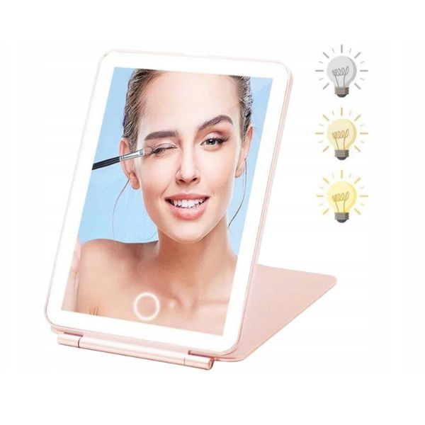 Oglinda cosmetica portabila cu iluminare LED, USB, 3 tipuri de lumina, Roz