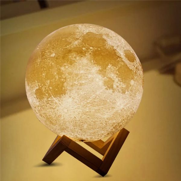 Umidificator - Difuzor de Arome tip Luna cu ultrasunete si suport din lemn, 880ml, 30h, 60m²