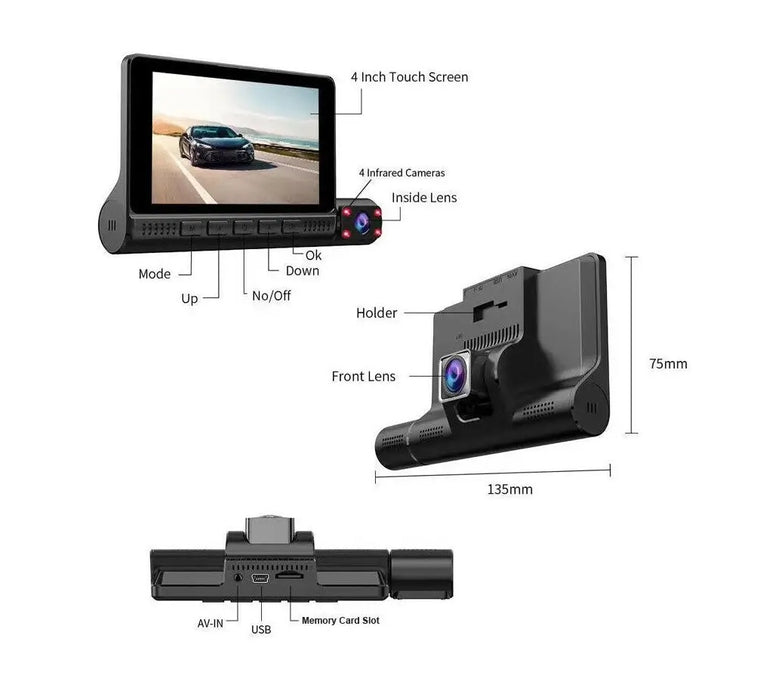 Camera Tripla Auto DVR , cu Ecran Tactil, Video Full HD 1080x1920, Senzor Miscare, Negru