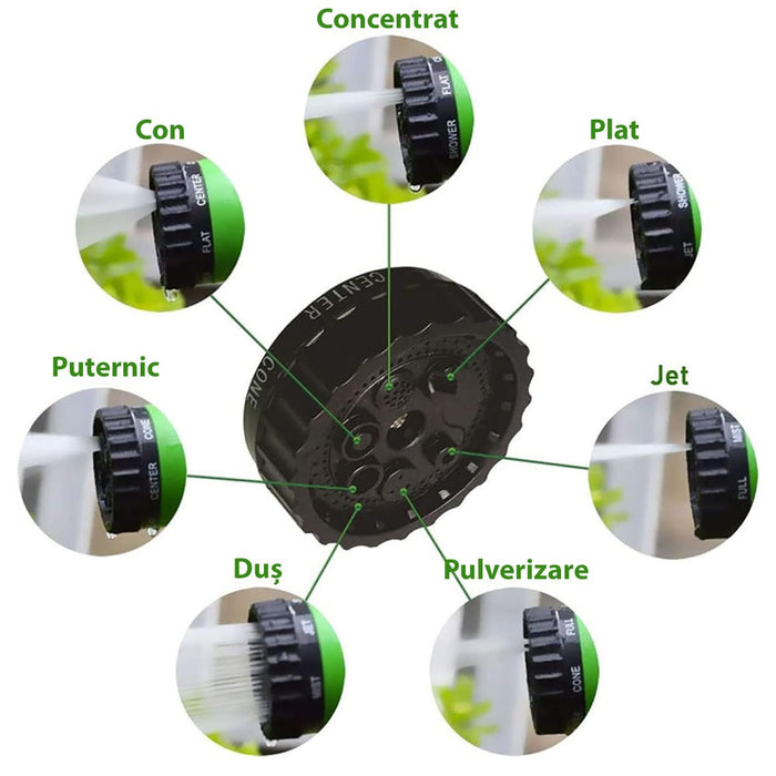Bővíthető kerti tömlő, legfeljebb 60 m hosszú, 7 típusú sugárú pisztolyral, csatlakozókkal, zöld