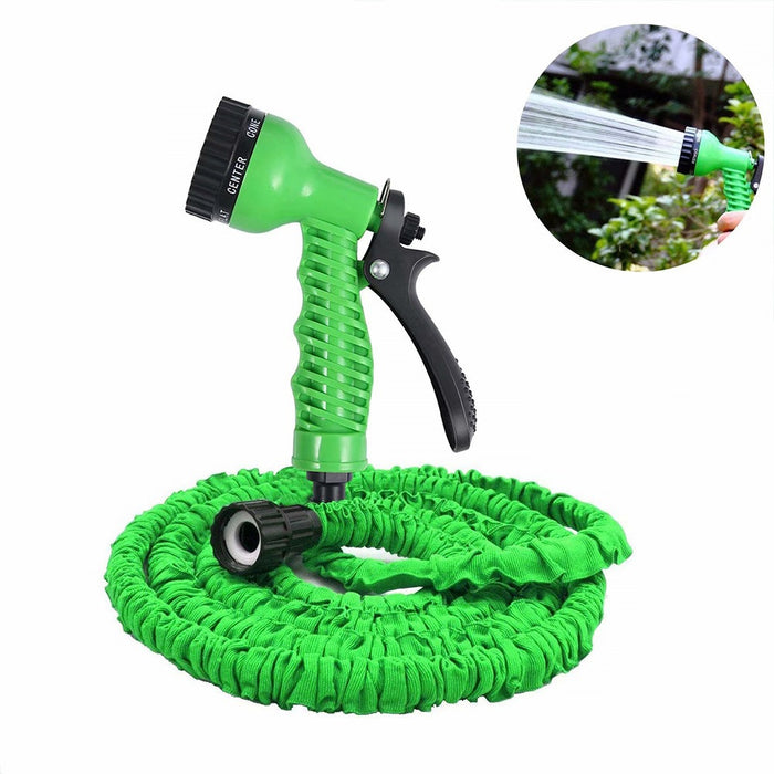 Furtun extensibil de gradina, pana la 60m lungime, cu pistol cu 7 tipuri de jet, cu conectori, verde