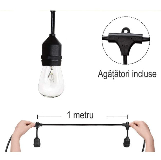 Ghirlanda Luminoasa cu Panou Solar, cu 10, 15 sau 20 becuri cu lumina calda, E27, IP65