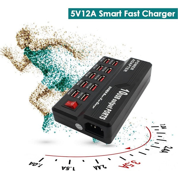 Statie de Incarcare 60W cu 10 Porturi Smart USB, Fast Charging, Universal, Negru
