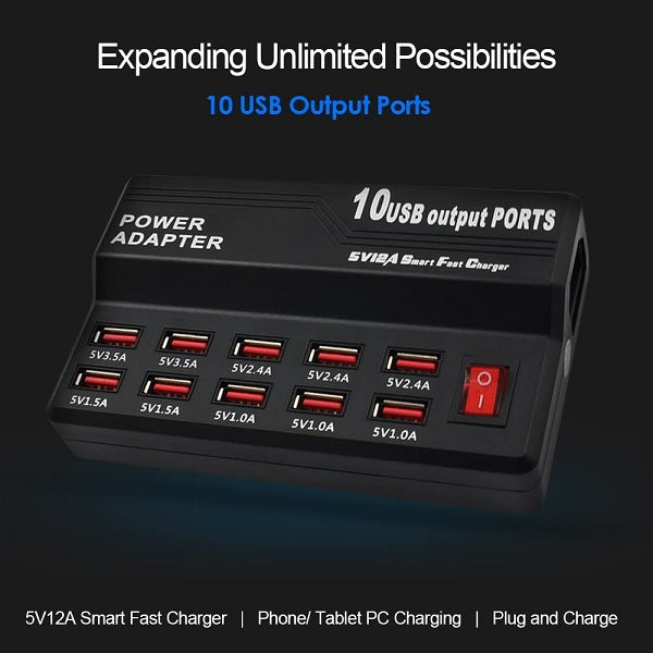 Statie de Incarcare 60W cu 10 Porturi Smart USB, Fast Charging, Universal, Negru