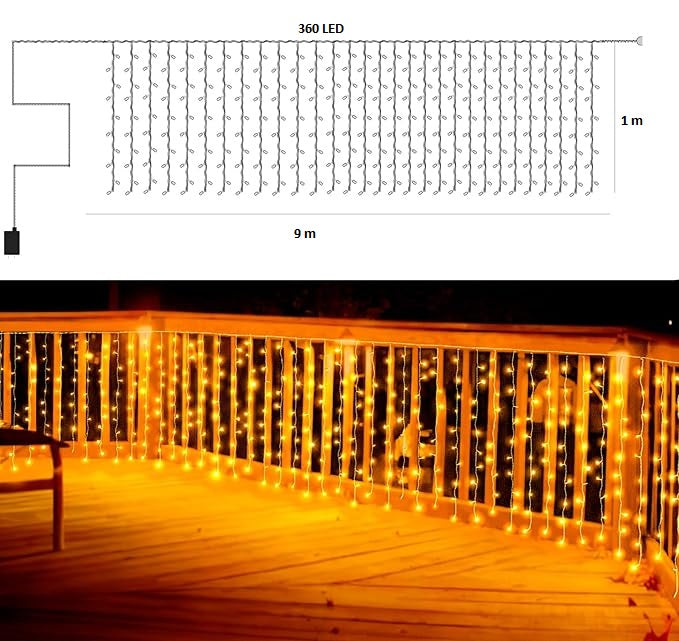 Εγκατασκευή φωτός με κροσσές, 360 LED, IP44, 9x1m, ζεστό λευκό/κρύο φως