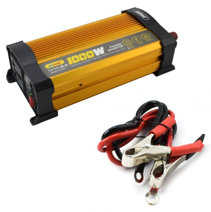 Andowl KS1000 μετατροπέας τάσης αυτοκινήτων, 1000W, 12V, 220V, 24 x 11 x 6.5cm, χρυσός