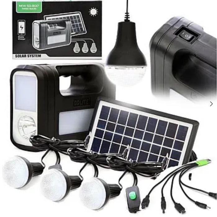 Kit solar GD-Lite 8017 dotat cu dispozitive USB cu 3 becuri LED + acumulator de mare capacitate HA