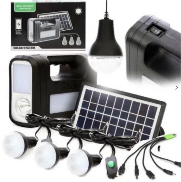 Solar Kit GD-Lite 8017 USB-eszközökkel felszerelt 3 LED izzóval + nagy kapacitású akkumulátor